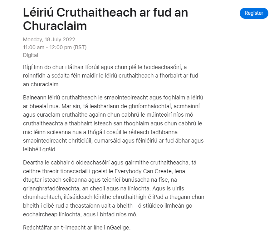 Gaeloideachas (@gaeloid) on Twitter photo Tá seisiún i nGaeilge á ofráil ag <a href="/AppleEDU/">Apple Education</a> dár mar chuid den "Worldwide Apple Professional Learning Summit 2022." An teideal a bheidh ar an seisiún ná "Léiriú Cruthaitheach ar fud an Churaclaim."
Is féidir tuilleadh eolais a fháil agus clárú ag apple.co/3nHEwt5 Tá seisiún i nGaeilge á ofráil ag <a href="/AppleEDU/">Apple Education</a> dár mar chuid den "Worldwide Apple Professional Learning Summit 2022." An teideal a bheidh ar an seisiún ná "Léiriú Cruthaitheach ar fud an Churaclaim."
Is féidir tuilleadh eolais a fháil agus clárú ag apple.co/3nHEwt5