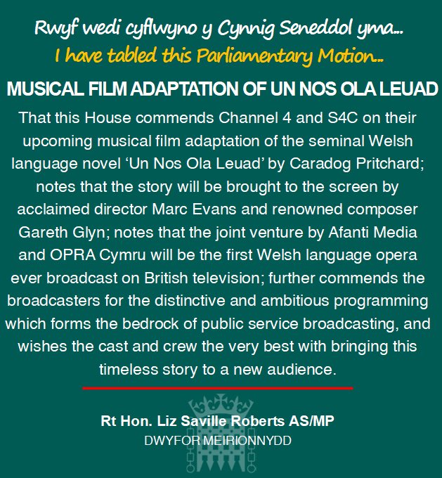 Liz Saville Roberts AS/MP (@lsrplaid) on Twitter photo Tabled a Parliamentary Motion which commends <a href="/S4C/">S4C 🏴</a> and #CH4 on their upcoming musical film adaptation of Welsh language novel Un Nos Ola Leuad - a joint venture by @avantitv and <a href="/OPRACymru/">OPRA Cymru</a> and the first Welsh lang opera broadcast on British TV.
🔗 edm.parliament.uk/early-day-moti…
📖🎶🏴 Tabled a Parliamentary Motion which commends <a href="/S4C/">S4C 🏴</a> and #CH4 on their upcoming musical film adaptation of Welsh language novel Un Nos Ola Leuad - a joint venture by @avantitv and <a href="/OPRACymru/">OPRA Cymru</a> and the first Welsh lang opera broadcast on British TV.
🔗 edm.parliament.uk/early-day-moti…
📖🎶🏴