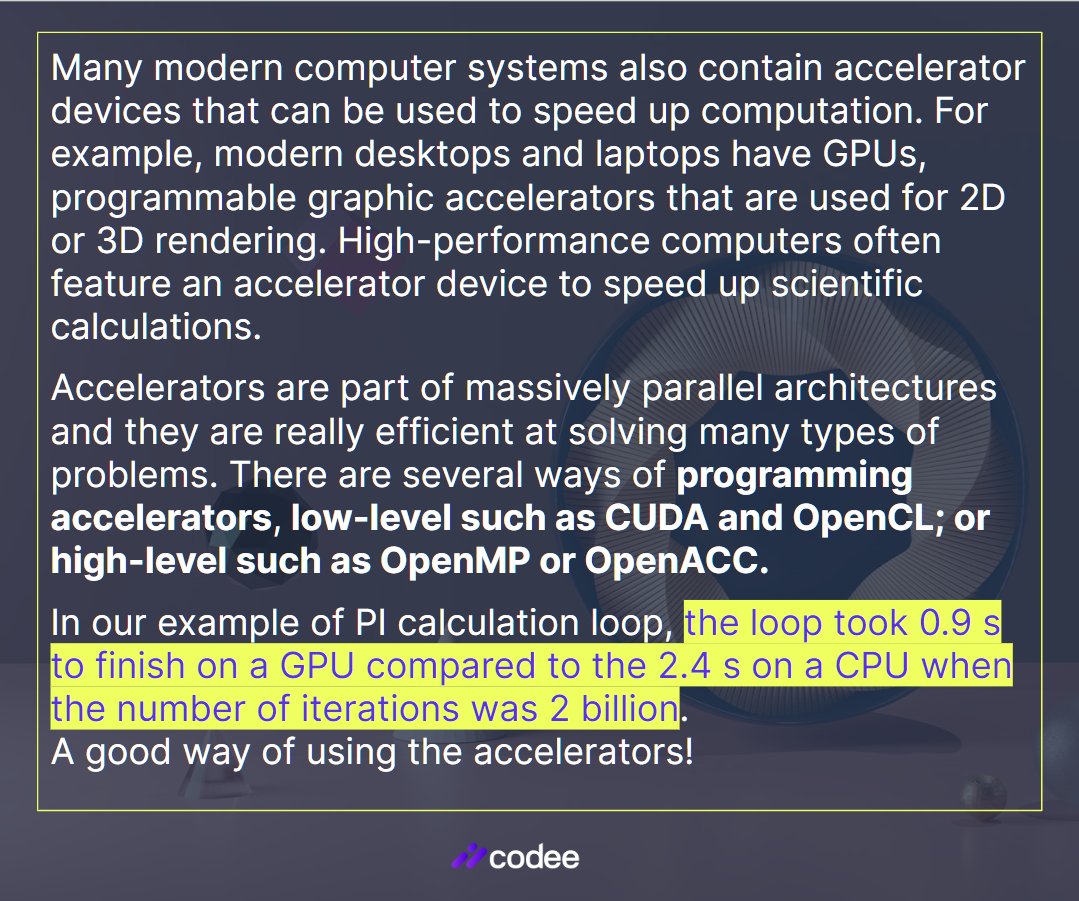 codee_com's tweet image. #CodeePerformanceTip: Performance improvements are possible by distributing the workload to accelerators, such as GPUs. 

From our blog about many ways to speed up your program: codee.com/many-ways-to-s…👇