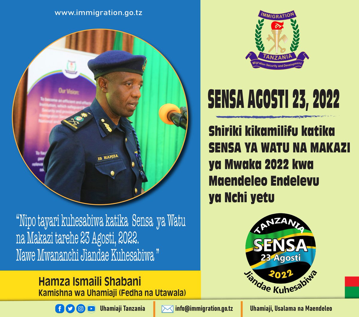 UhamiajiTz's tweet photo. #Sensa23Agosti2022 
#JiandaeKuhesabiwa 
#ePassport 
#ePermit 
#eBorderManagementSystems 
#eVisa 
#eImmigration https://t.co/gezdcVJ6jd