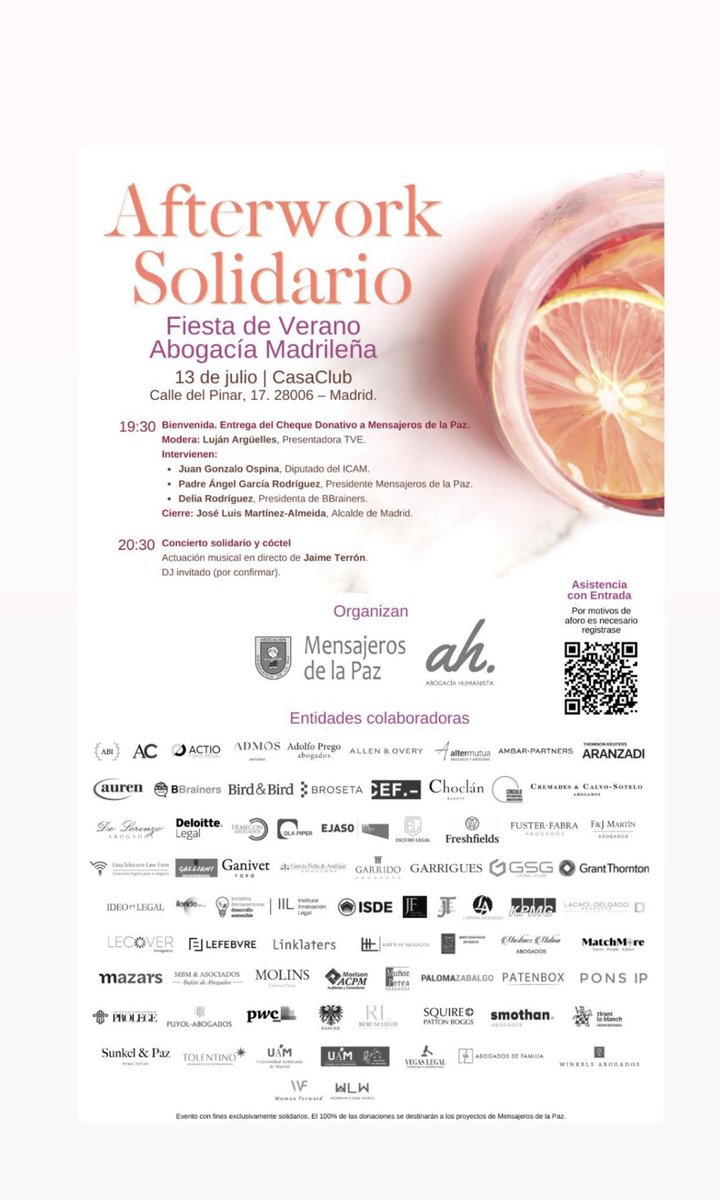 Os esperamos a todos en el AfterWork Solidario, fiesta de verano de la Abogacía madrileña.

#Afterwork #solidario #abogacia #madrid <a href="/paz_mensajeros/">Mensajeros de la Paz</a>