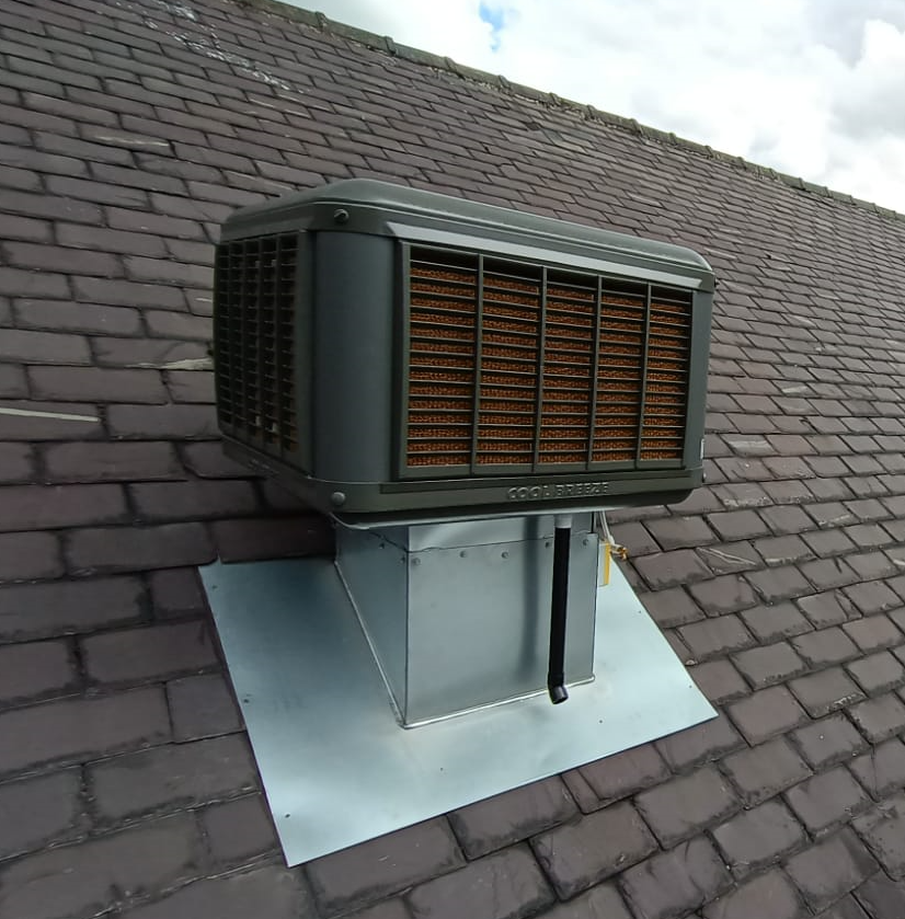 A complex installation for Evaporative cooling to a slate roof. High quality finish provided to a happy customer who will now enjoy ventilation and cooling during the summer months #warehousecooling #evaportivecooling