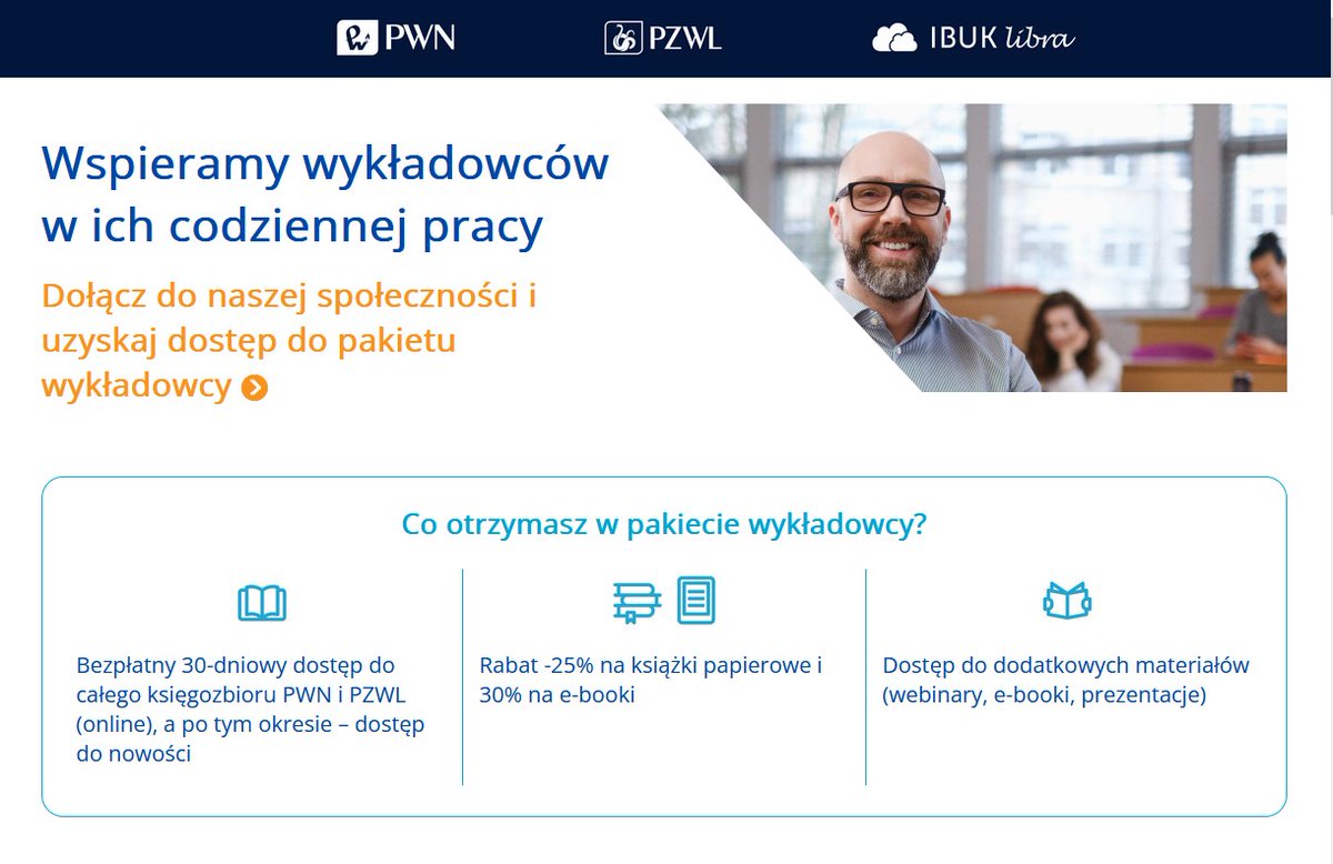pbw_krakow's tweet photo. Uwaga #nauczyciele #wykładowcy 📣 #PWN przygotowało bonusową niespodziankę dla #NauczycieleAkademiccy:
👉 🆓30-dniowy dostęp online do całego księgozbioru w #IBUKLibra,
👉 rabaty 25% na #książki papierowe i 30% na #ebooki #PZWL i #PWN
Szczegóły oferty: 🔗 https://t.co/0PYst0SMcY https://t.co/zDtj1P1i9z