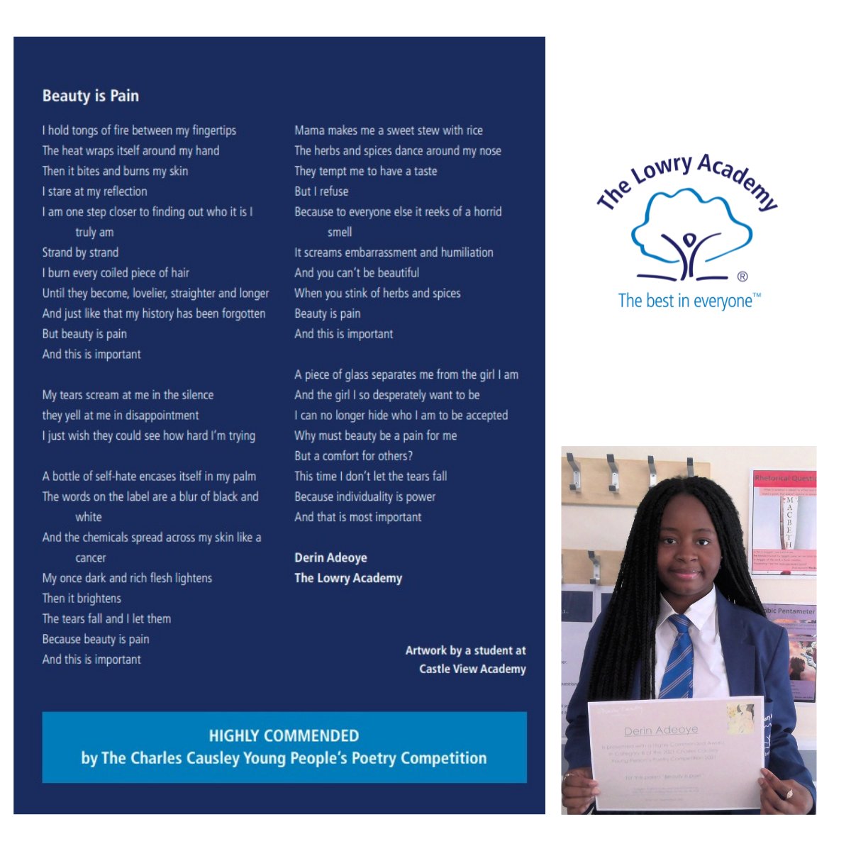 We are extremely proud to see our student Derin's poem 'Beauty is Pain' published in the United Learning Poetry Anthology <a href="/ULEngNews/">United Learning Eng</a> <a href="/UnitedLearning/">United Learning</a> Derin's poem was highly commended by the Charles Causley Young People's Poetry Competition. Congratulations Derin!  <a href="/Lowry_English/">Lowry Academy English Department</a>