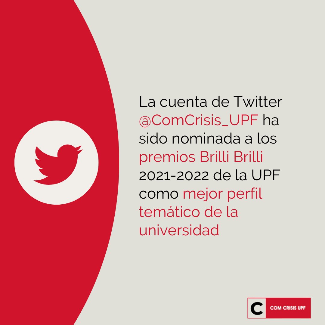 ComCrisis_UPF's tweet photo. 🏅 La cuenta de @ComCrisis_UPF está nominada como mejor perfil temático de la @UPFBarcelona
👥 Si trabajas en la #UPF y quieres animarnos a seguir difundiendo nuestras investigaciones en #RRSS, puedes votarnos hasta el 8 julio: https://t.co/5ypSi2PBPS
#SocialMedia #ComCrisis https://t.co/8wP1i4yBGR