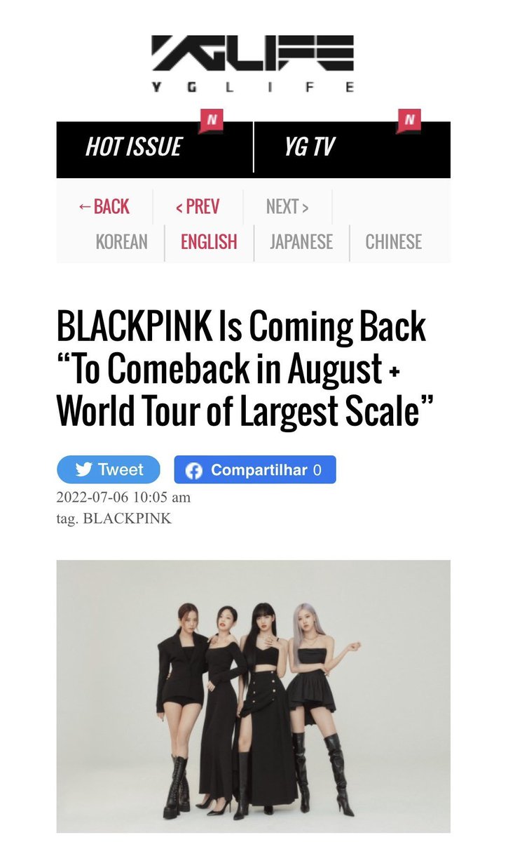 WorldwideBLINK's tweet photo. [ARTICLE] YG LIFE UPDATE: 

BLACKPINK Is Coming Back “To Comeback in August + World Tour of Largest Scale”

YG said, “We prepared a number of songs that’s full of 
@BLACKPINK’s characteristics, and they’ve been working on it really hard.

AUGUST IS FOR BLACKPINK https://t.co/U5oMc2vmLv