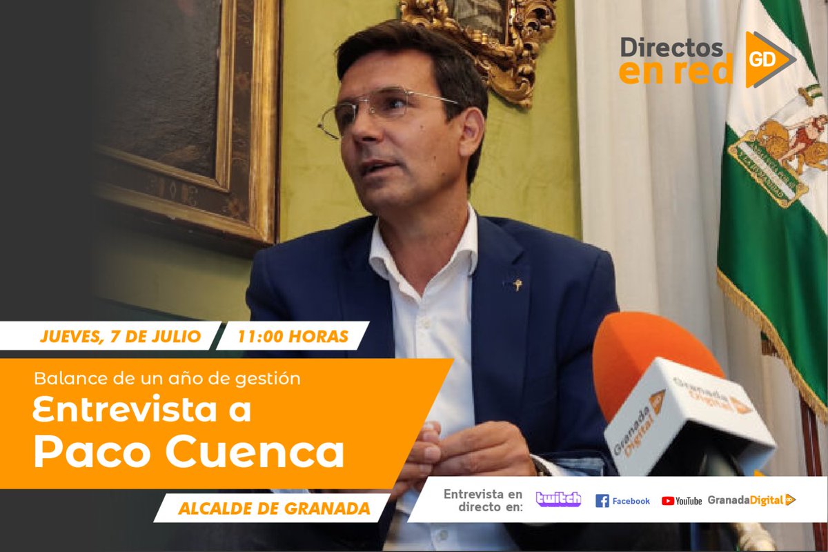 granadadigital's tweet photo. 🟠#DirectosEnRedGD | El alcalde de #Granada, @PacoCuenca, hará balance este jueves de un año de gestión en el @aytogr
📆Jueves 7 de julio
🕚11:00 h
🟪Twitch, 🟦Facebook, 🟥YouTube y 🟧https://t.co/IqpmGD7mxo
¡No te pierdas la entrevista! https://t.co/bFjb8bTJhO