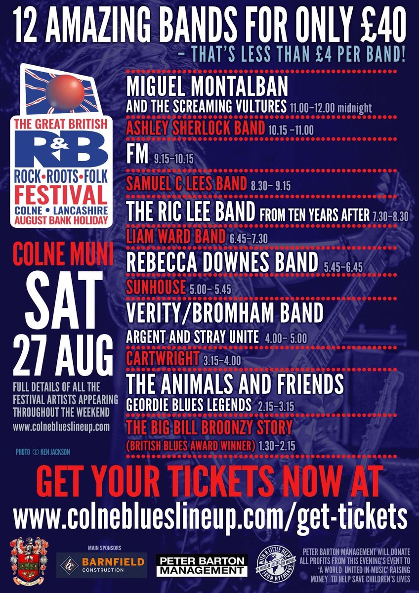 We're looking forward to hitting the stage at @ColneMuni as part of @ColneBlues. Here's the timings for Saturday 27 August. Tickets available from colneblueslineup.com/get-tickets #FMlive #greatbritishrhythmandblues #festival