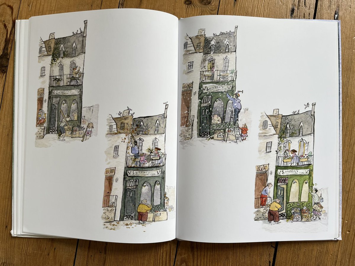 Had a rummage in @TheHiveWorcs at the weekend & found this brilliant (pretty much) wordless picture book -  not new, but new to me! Over the Shop  #JonArnoLawson @qinleng tells the tale of the shopkeeper & girl that run the corner shop, and what happens to the shop & inhabitants