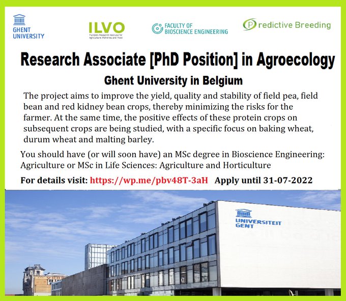 agristok's tweet photo. 📌 Research Associate [PhD Position] in Agroecology🌱 at Ghent University in Belgium 🇧🇪... Please Retweet and spread the word! For details visit the link below👉 https://t.co/F3Y4ec9QpO https://t.co/QtL7cCfnbl