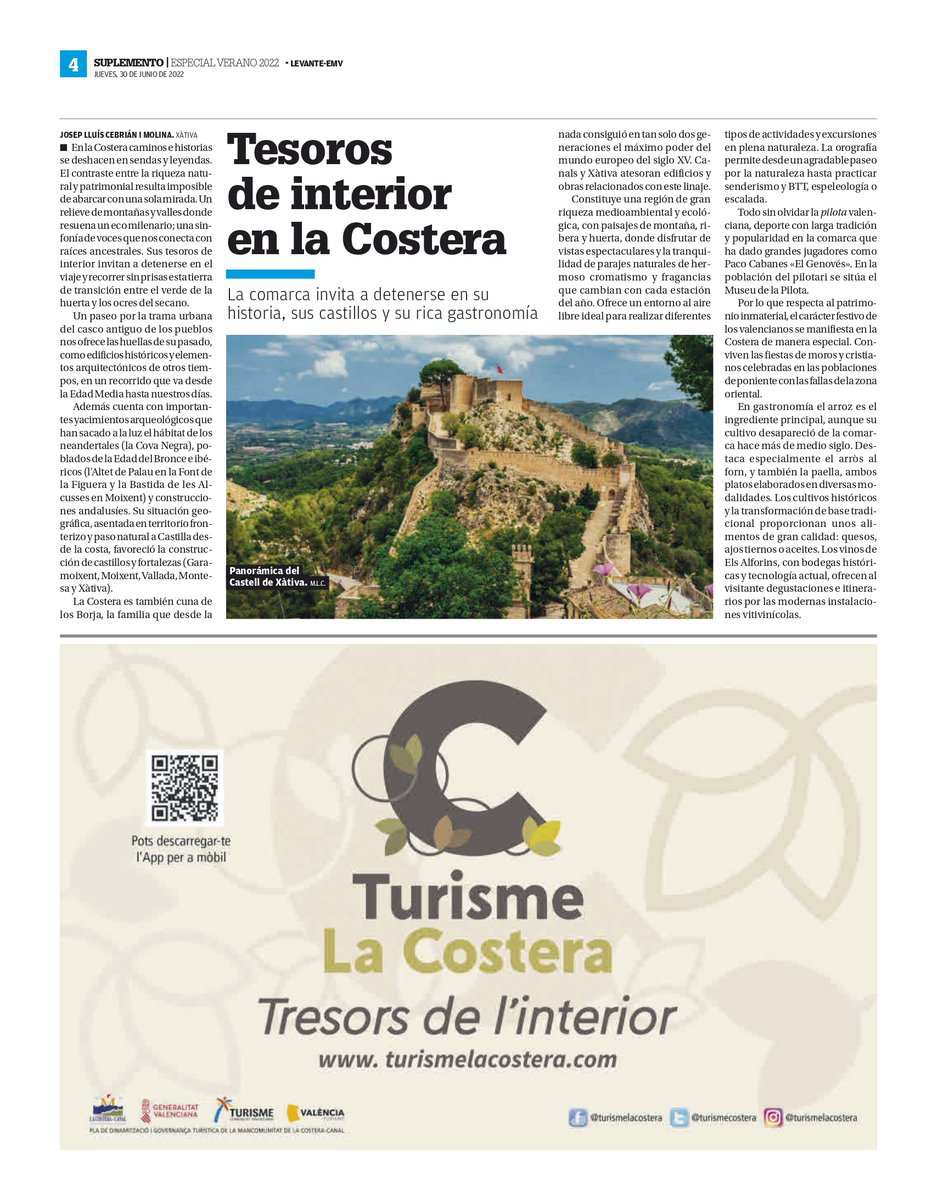 TurismeCostera's tweet photo. La Costera, una comarca plena de tresors que convida a detindre's en la seua història, els seus 🏰 castells i la seua rica 🥘 gastronomia. 

🖋 Josep Lluís Cebrián en @LevanteCostera 

🔗 https://t.co/n6eSD60ZM2 https://t.co/yHLY6WAcXr