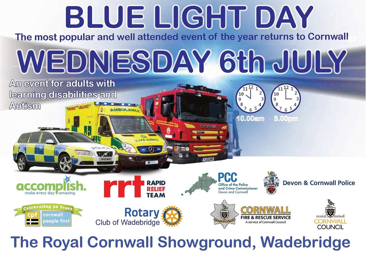 CornwallFRS's tweet photo. Today is #BlueLightDay! And we're so pleased to be back! An event where adults with learning disabilities and/or autism &amp; their carers are invited to learn how the emergency services work in Cornwall. https://t.co/GPefjKsnJw