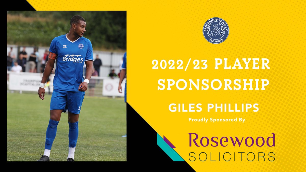 Aldershot Town FC (@officialshots) on Twitter photo Thank you to Giles Phillips' sponsor <a href="/rosewoodsols/">RosewoodSolicitors</a> for sponsoring his Home, Away and Third shirt for the 2022/23 season! 🤝
If you'd like to sponsor a player for 2022/23, then contact our Commercial Manager Mark Butler - mark.butler@theshots.co.uk!📨
🔴🔵#TheShots Thank you to Giles Phillips' sponsor <a href="/rosewoodsols/">RosewoodSolicitors</a> for sponsoring his Home, Away and Third shirt for the 2022/23 season! 🤝
If you'd like to sponsor a player for 2022/23, then contact our Commercial Manager Mark Butler - mark.butler@theshots.co.uk!📨
🔴🔵#TheShots