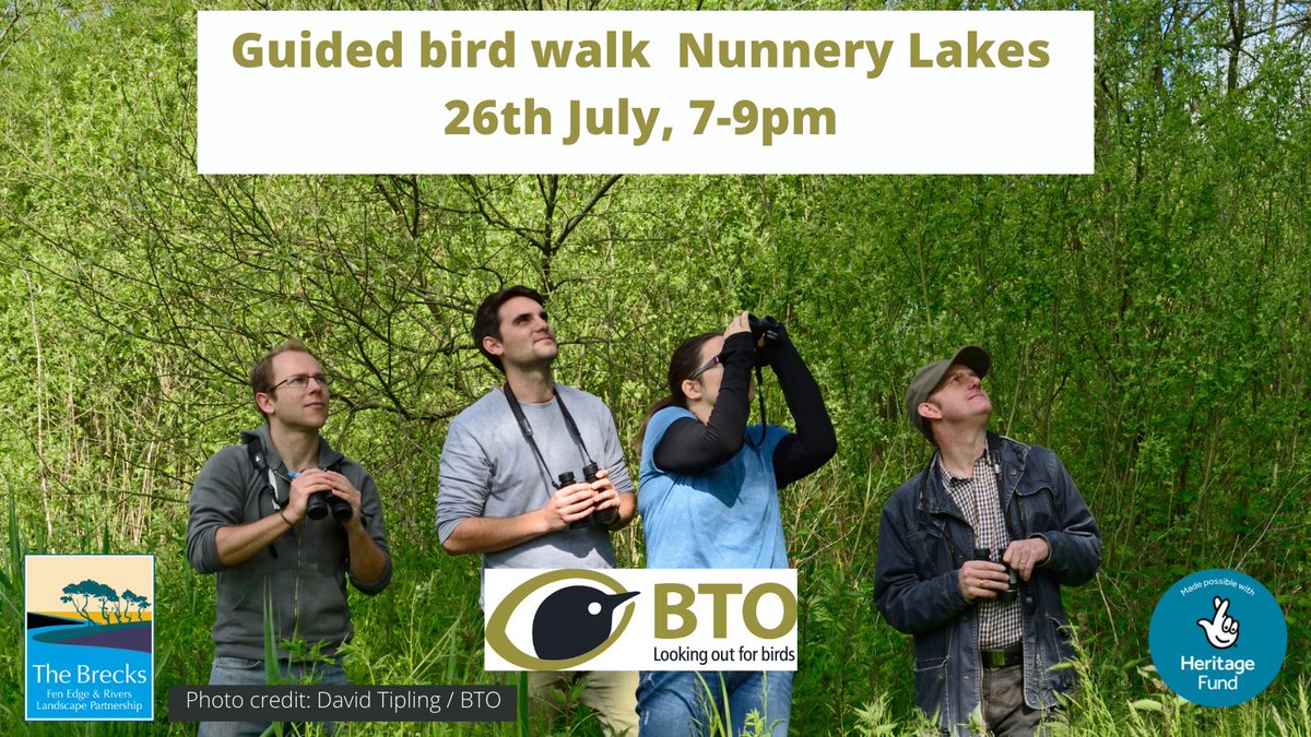 Join bird experts Jenny and Nick from the British Trust for Ornithology for a guided walk at the @_BTO Nunnery Lakes nature reserve, Thetford
Tue 26th July, 7-9pm
Booking is essential. For more information, visit: https://t.co/PCGwXdbPW6 
@sconebirding @garlicjen @HeritageFundUK https://t.co/5uo7hnmUSB