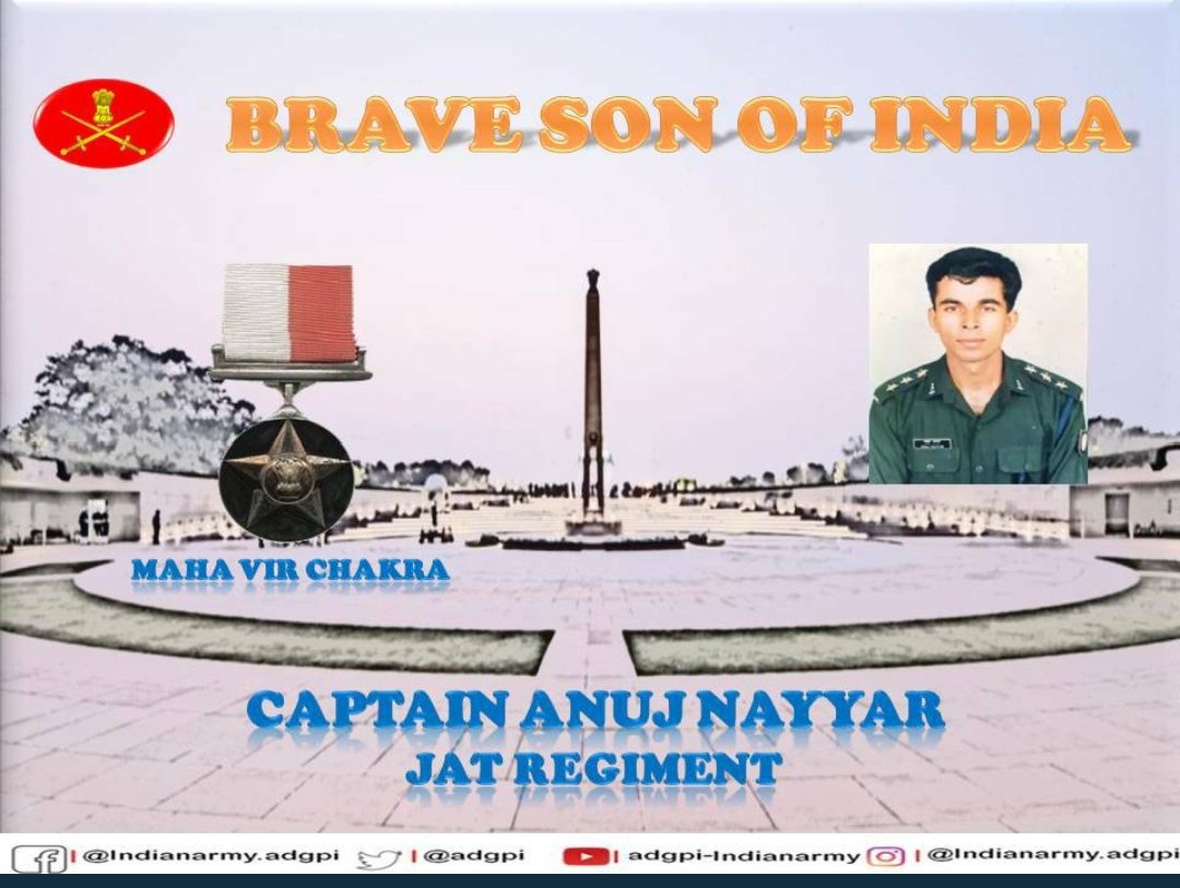 Rss1Vinay's tweet photo. 06 July 1999

#OperationVijay

Capt Anuj Nayyar, unmindful of his safety, assaulted well fortified enemy position on Point 4875 &amp; killed number of enemy soldiers. He laid down his life in best tradition of #IndianArmy. Posthumously awarded #MahaVirChakra.

https://t.co/gMx7VQZS2Q https://t.co/ujvmgWdfQz
