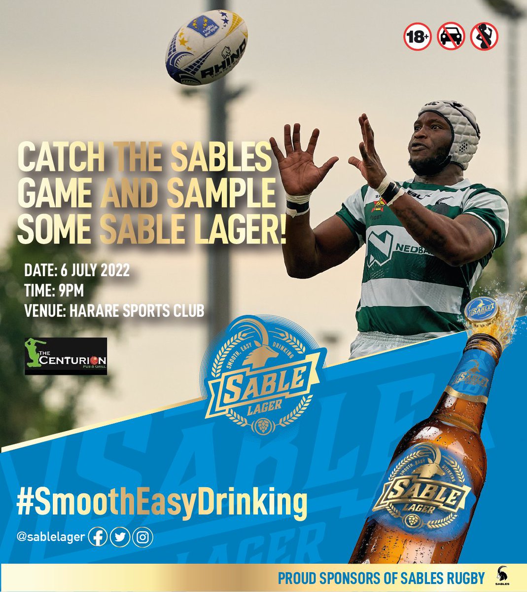 Come watch the @SablesRugbyZW play Namibia at Harare Sports Club this evening at 21:00 CAT and sample some Sable Lager! There's a place at the 2023 Rugby World Cup at stake so let's back the boys! #SmoothEasyDrinking #OurSables #OurSableLager #BackASable #RWCQualifiers #ZimRugby