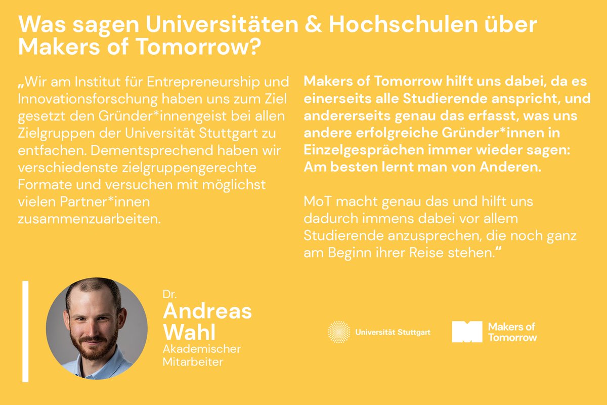 Makers of Tomorrow (@makersoftmrw) on Twitter photo Wie der Online-Kurs Makers of Tomorrow (#MoT) nicht nur #Studierende unterstützt, sondern auch die #Universitäten und #Hochschulen, gibt Dr. Andreas Wahl, Wissenschaftlicher Mitarbeiter der Universität #Stuttgart, in seinem Statement. <a href="/Uni_Stuttgart/">Uni Stuttgart</a>
👉 makers-of-tomorrow.de Wie der Online-Kurs Makers of Tomorrow (#MoT) nicht nur #Studierende unterstützt, sondern auch die #Universitäten und #Hochschulen, gibt Dr. Andreas Wahl, Wissenschaftlicher Mitarbeiter der Universität #Stuttgart, in seinem Statement. <a href="/Uni_Stuttgart/">Uni Stuttgart</a>
👉 makers-of-tomorrow.de