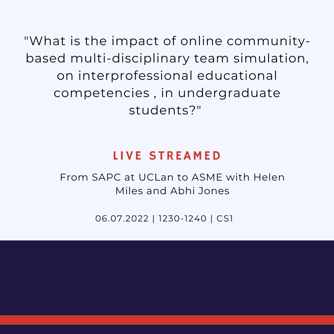 Join us in CS1 for a talk by Catherine Chapman from University of Cardiff (1220-1230)  followed by a talk by Helen Miles and Abhi Jones from UCLan (1230-1240) 👍

#meded #medtwitter