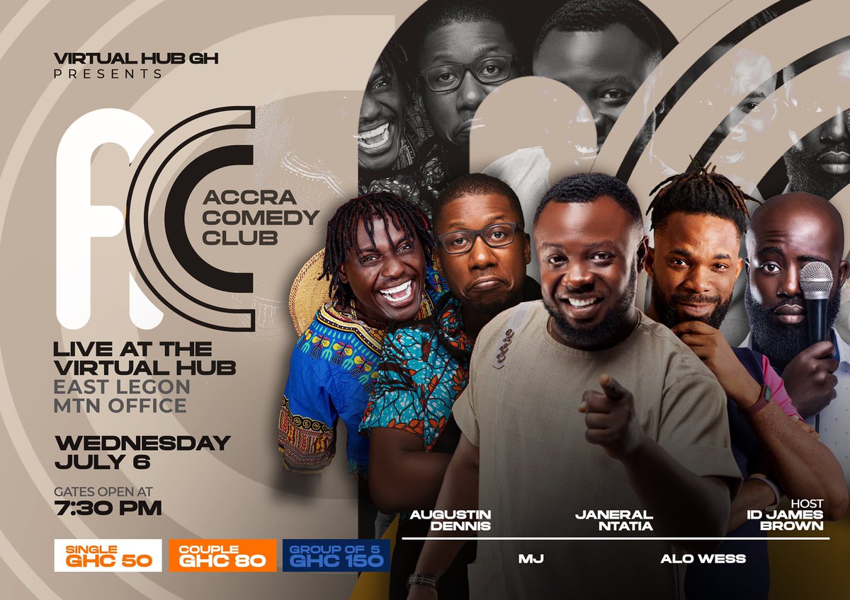 AccraComedy's tweet photo. We are set for our show this evening at @VirtualHubGH. @Mjthecomedian @AugustinDennis_ @general_ntatia @Id_JamesBrown and @ComedianAloWess will be delivering laughter. Prepare to be thrilled. #comedy #ghcomedy #accra #ghana #accranightlife https://t.co/Cecmhg50eP