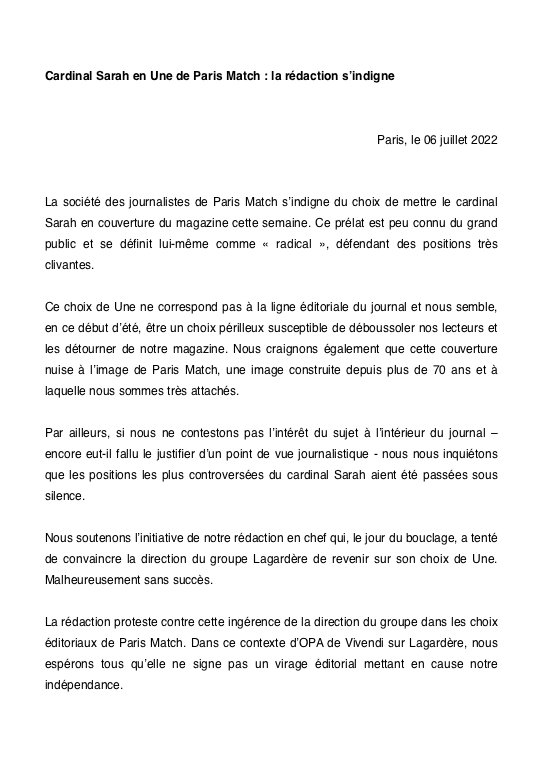 Communiqué de la société des journalistes de Paris Match.