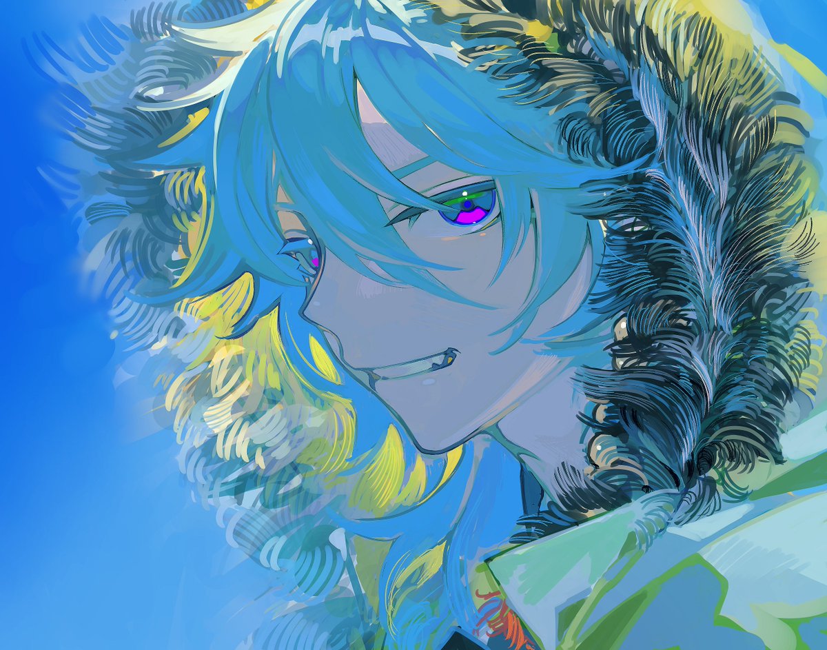 solo 1boy male focus blue hair looking at viewer portrait hood  illustration images