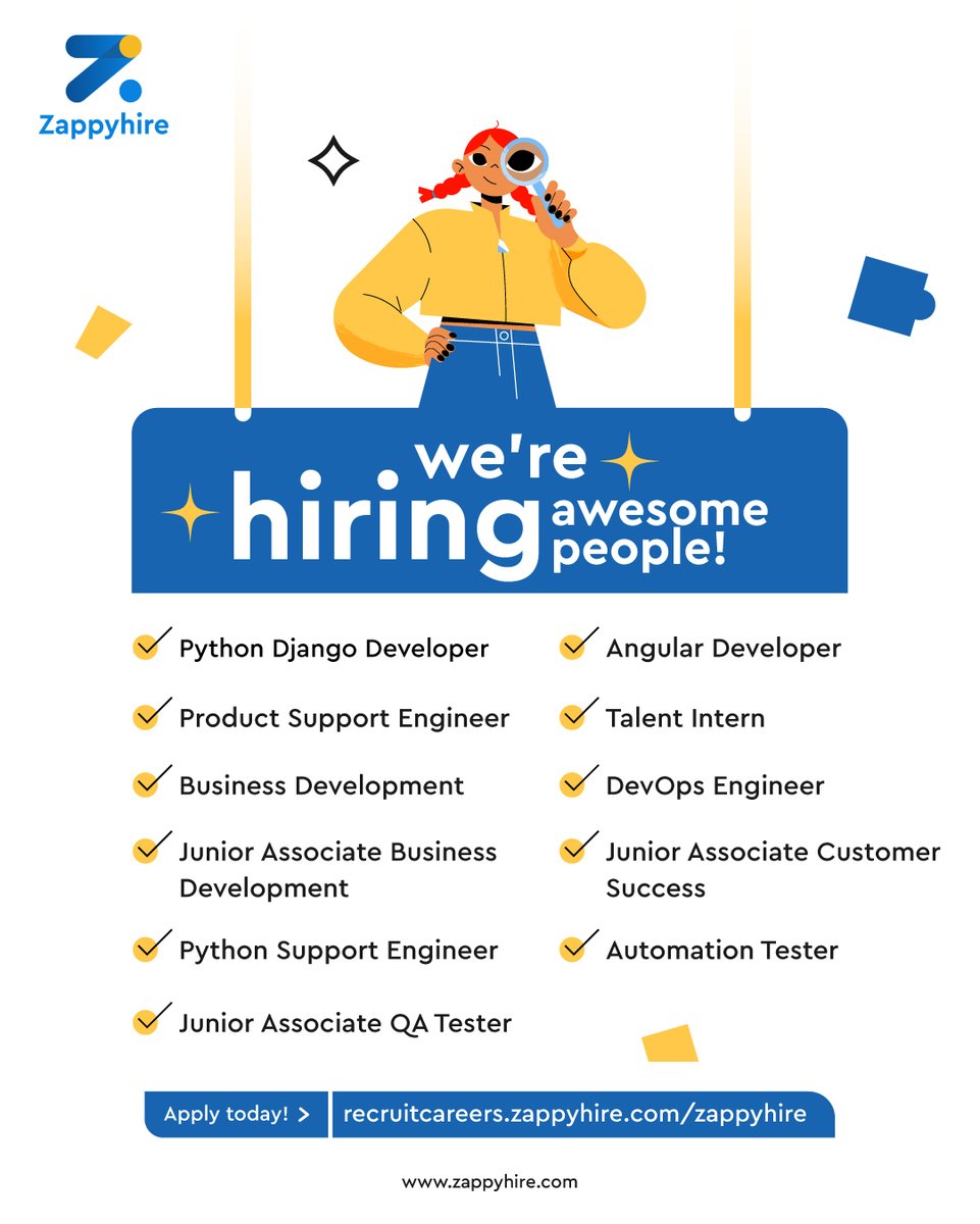 We're looking for a vibrant new addition to our team!
Join Zappyhire!

If you are interested kindly apply here, lnkd.in/dcvQkRxv

#python #django #angular #talentintern #productsupport #devops #businessdevelopment #sales #saas #customersuccess #automationtester #QAengineer