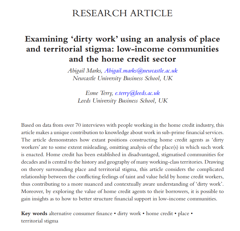 'Examining #DirtyWork using an analysis of place and territorial stigma: #LowIncome communities and the #HomeCreditSector' by @PAbigail_Marks and @esme_terry. 💡 📖 🌟Available here:🌟 doi.org/10.1332/273241… @NCLBusiness @LeedsUniBSchool @lawcha_org @LERassn