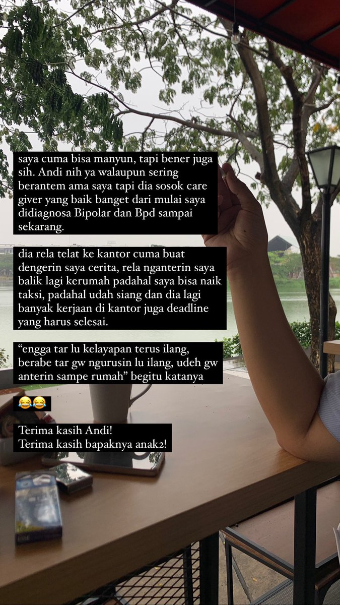 appreciation post for my caregiver, Andi. 

Thank u for being my caregiver for almost 9 years. terima kasih selalu bersedia mendengarkan dan nemenin kalo mental saya lagi ga oke sejak saya didiagnosa Bipolar 9 tahun lalu.

thank u for being my best friend!