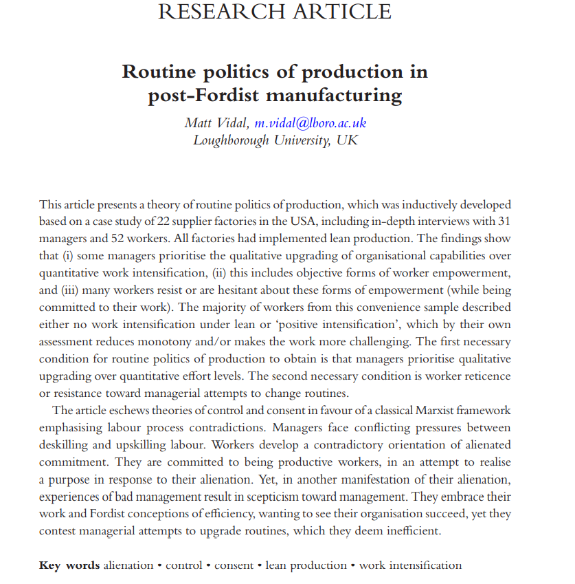 wgejournal's tweet photo. Are you interested in learning about 'Routine politics of production in post-Fordist manufacturing'? #LeanProduction #WorkIntensification

🌟Read🌟 @ChukkerV's paper here:
https://t.co/YDJ6vgPpwW

@lborouniversity @LERassn @bam_ac_uk https://t.co/sxmd3IjgL9