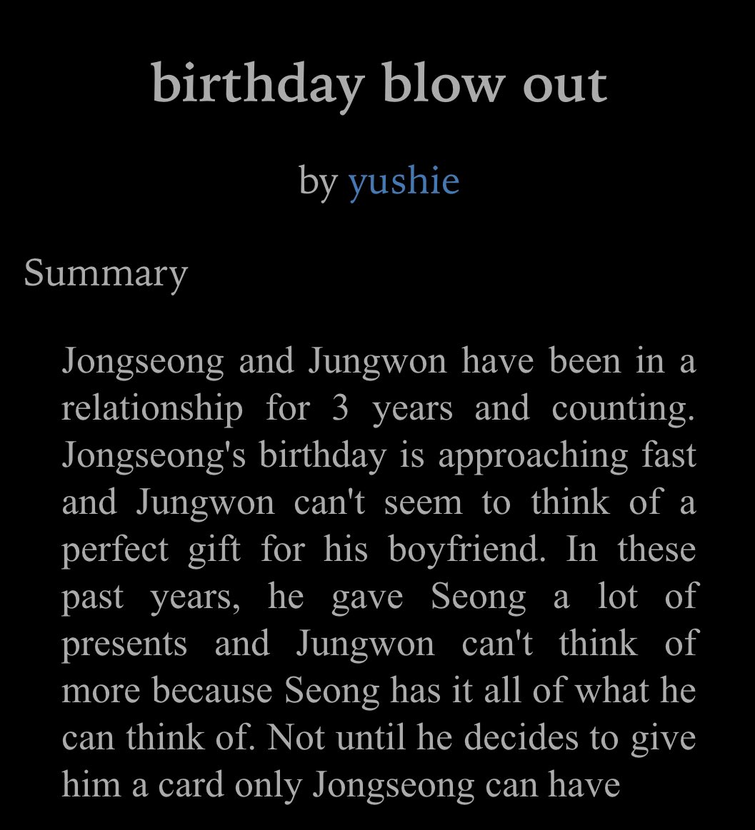 birthday blow out
✒️ yushie
⌨️ 3k
🤍🔞 | established relationship, tøp!js bttm!jw, aged-up, bday sεχ, αηαι sεχ, drinking, blowjοβs, 

link: archiveofourown.org/works/38482402