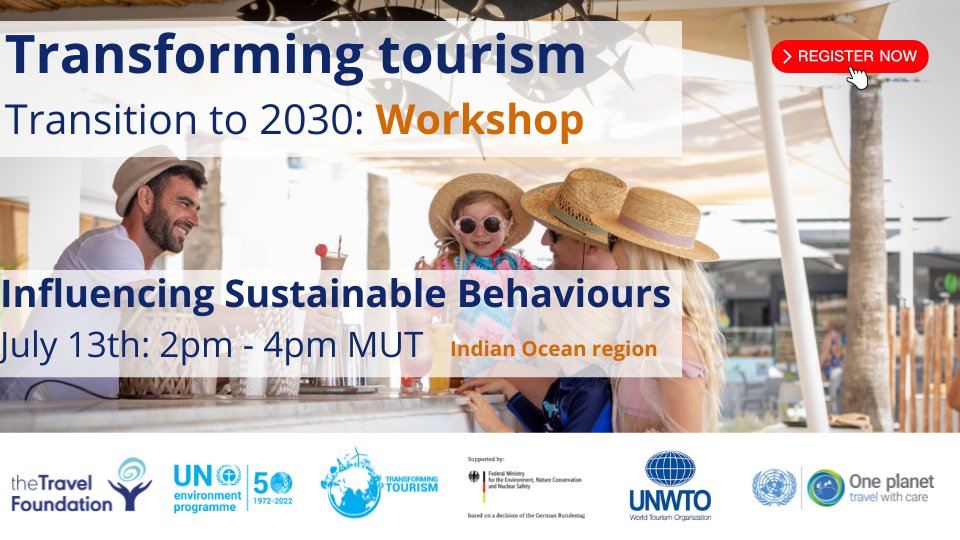 UNWTO's tweet image. Our next workshop as part of 'Transforming Tourism Value Chains' project:

🏩Influencing Sustainable Behaviours
🗓️13 July 2 pm (MUT)

Register 👉bit.ly/3b0HjdM