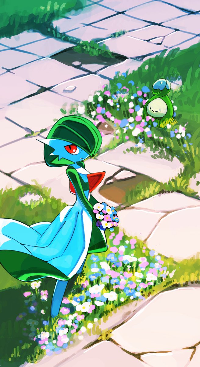 gardevoir pokemon (creature) flower outdoors grass holding red eyes holding flower  illustration images