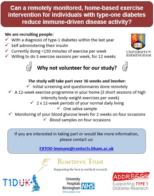 Alex Wadley (@ajwadders) on Twitter photo We are still recruiting for our study investigating the impact of home-based exercise on the progression of autoimmunity in people with new-onset type-1 diabetes. Please contact: EXTOD-immune@contacts.bham.ac.uk. <a href="/DRWFDiabetes/">DRWF</a> <a href="/T1DExchange/">T1D Exchange</a> <a href="/BeyondType1/">Beyond Type 1</a> <a href="/T1D_TrialNet/">Type 1 Diabetes TrialNet</a> <a href="/vmq_science/">Megan Quickfall</a> We are still recruiting for our study investigating the impact of home-based exercise on the progression of autoimmunity in people with new-onset type-1 diabetes. Please contact: EXTOD-immune@contacts.bham.ac.uk. <a href="/DRWFDiabetes/">DRWF</a> <a href="/T1DExchange/">T1D Exchange</a> <a href="/BeyondType1/">Beyond Type 1</a> <a href="/T1D_TrialNet/">Type 1 Diabetes TrialNet</a> <a href="/vmq_science/">Megan Quickfall</a>