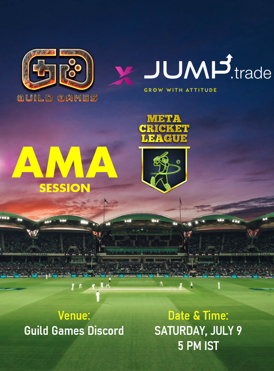 GuildGamesdao's tweet photo. 🧐 Wanna know more about the upcoming Meta cricket league? from @Jumptradenft
🥳 Bring your friends and join our #AMA!
⏰ When: July 9, 5pm IST
📍Where: https://t.co/LqTw6bWpos
#CricketTwitter #Play2Earn #metacricketleague #GuildGames https://t.co/dJRdyZBSVs