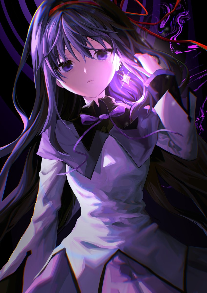 akemi homura 1girl long hair solo ribbon purple eyes earrings black hair  illustration images
