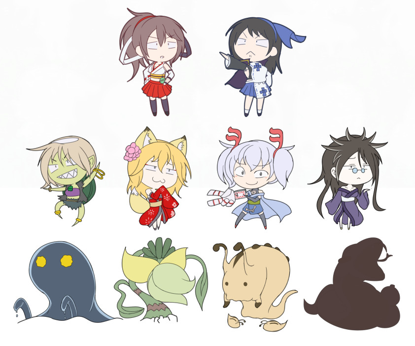 ゲームで使われるミニキャラ絵も、だいぶ揃ってきました! ミニキャラを並べるの楽しい…! (シルエットになっている右下の妖怪も、後々お披露目します!) 