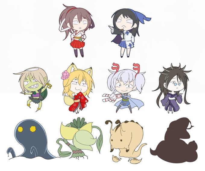 ゲームで使われるミニキャラ絵も、だいぶ揃ってきました! ミニキャラを並べるの楽しい…! (シルエットになっている右下の妖怪も、後々お披露目します!) 