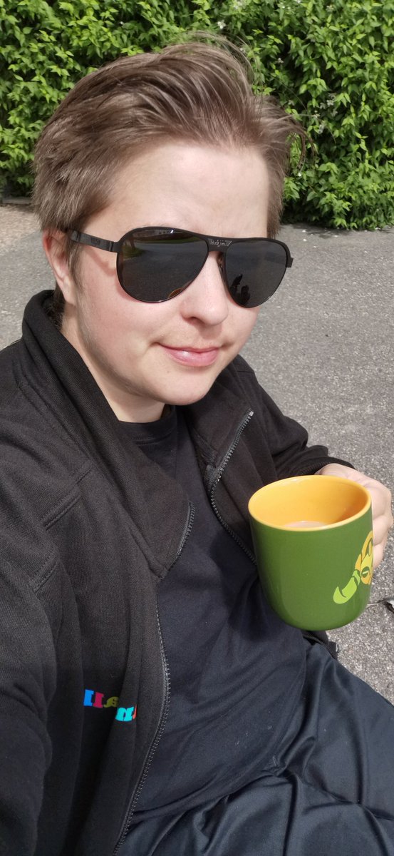 Drinking tea outside the office