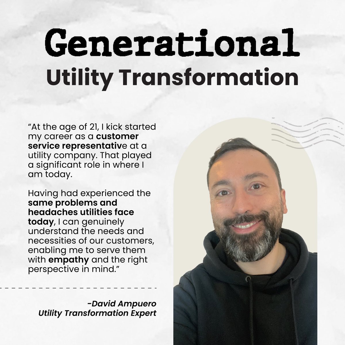 AvertraCorp's tweet photo. Utility Transformation Across Generations
Meet our Utility Transformation Expert - David Ampuero! ๐ค๐ฅ
#Avertra #utilities #DigitalTransformation https://t.co/nn93W8EnTe