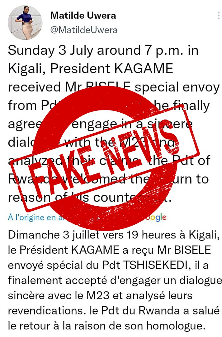 Kasongo Mwema Yamba Y'amba (@mwema_y) on Twitter photo Non, le PR <a href="/fatshi13/">Félix A. Tshisekedi</a> n'a envoyé aucun émissaire à Kigali pour rencontrer le PR <a href="/PaulKagame/">Paul Kagame</a> ce week-end.
Non, pas de négociations prévues avec le M23.
Le Conseiller Fortunat Biselele ne s'est pas rendu au Rwanda ce dimanche.
Dire le contraire est 1 mensonge. Non, le PR <a href="/fatshi13/">Félix A. Tshisekedi</a> n'a envoyé aucun émissaire à Kigali pour rencontrer le PR <a href="/PaulKagame/">Paul Kagame</a> ce week-end.
Non, pas de négociations prévues avec le M23.
Le Conseiller Fortunat Biselele ne s'est pas rendu au Rwanda ce dimanche.
Dire le contraire est 1 mensonge.
