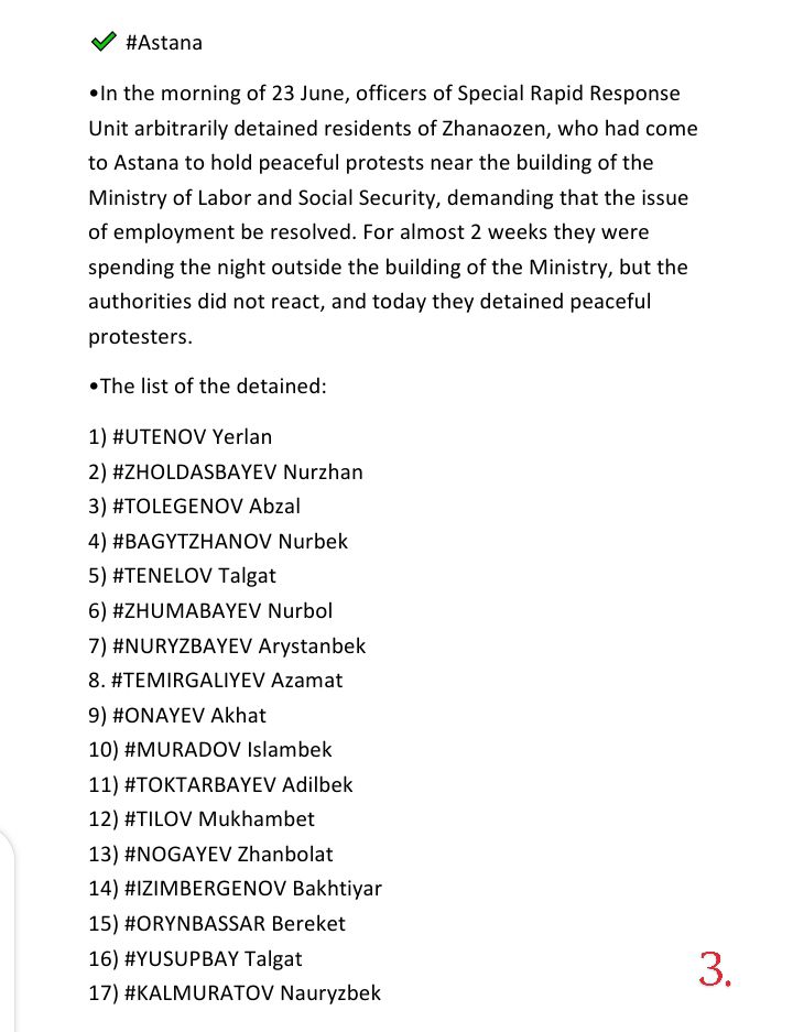 1/4
🔴 Monitoring of human rights violations for the period of 20-26 June 2022:

<a href="/guyverhofstadt/">Guy Verhofstadt</a>
<a href="/Assita_Kanko/">Assita Kanko MEP</a>
<a href="/HeidiHautala/">Heidi Hautala</a>
<a href="/EeroHeinaluoma/">Eero Heinäluoma</a>
#ActivistsNotExtremists 
#NotTerrorists
#Kazakhstan
#TimeToDeliver #epca #euinkz #eu4CentralAsia