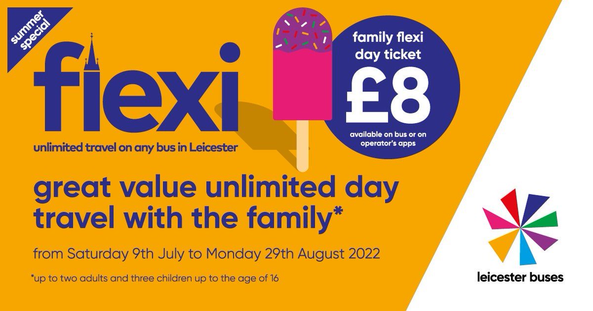 Summer Holiday Special - get out and about for only £8 with our new Family Flexi Day ticket. Available to purchase on bus and through operator's ticketing apps from Saturday 9th July.
#leicesterbuses #familyflexi #flexiday #flexi #summerspecial #travelbybus