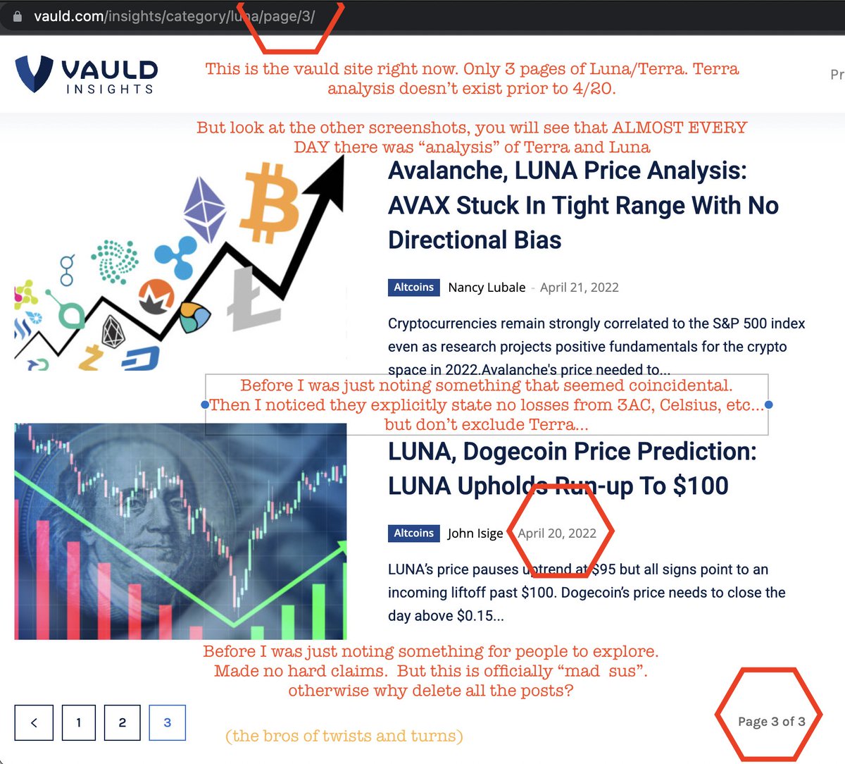 Cryptadamist's tweet photo. 7 hours ago I did Arcane Arithmetic wondering where did their $ go. I went to Vauld site, saw #TerraLuna "analyses" ALMOST EVERY DAY (screenshots👆🧵 ). Maybe #Terraclysm?
My tweet was reported for abuse/shadowbanned.
And now... those analysis I screenshotted are gone💨 https://t.co/faA5KjcBCq