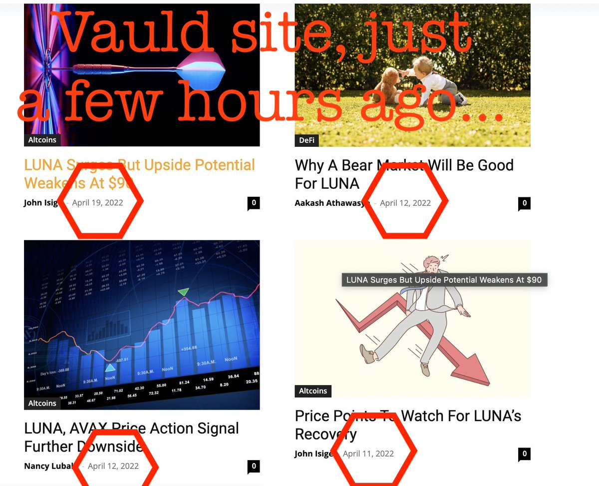 Cryptadamist's tweet photo. 7 hours ago I did Arcane Arithmetic wondering where did their $ go. I went to Vauld site, saw #TerraLuna "analyses" ALMOST EVERY DAY (screenshots👆🧵 ). Maybe #Terraclysm?
My tweet was reported for abuse/shadowbanned.
And now... those analysis I screenshotted are gone💨 https://t.co/faA5KjcBCq