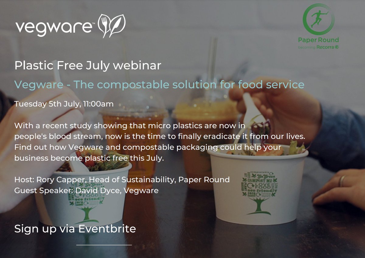 With Plastic-free July on the horizon, <a href="/PaperRound/">Paper Round</a> is carrying out another webinar to focus on alternatives to plastic in the workplace!

Join in on Tuesday 5th July at 11:00 for a 30-minute webinar and 15-minute Q&amp;A with <a href="/vegware/">Vegware</a> 

Register at: eventbrite.co.uk/e/webinar-plas…