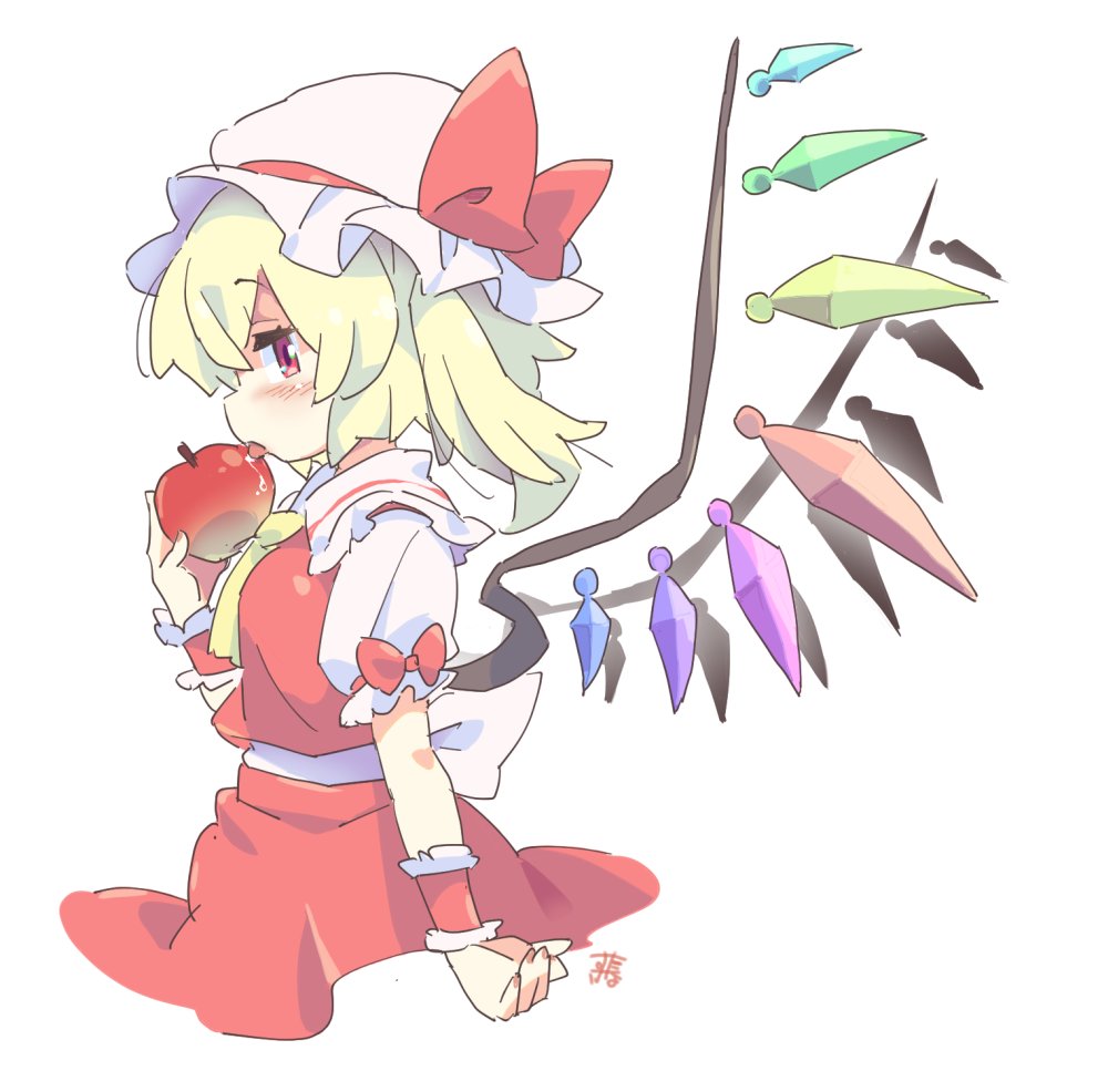 flandre scarlet 1girl solo wings hat food mob cap blonde hair  illustration images