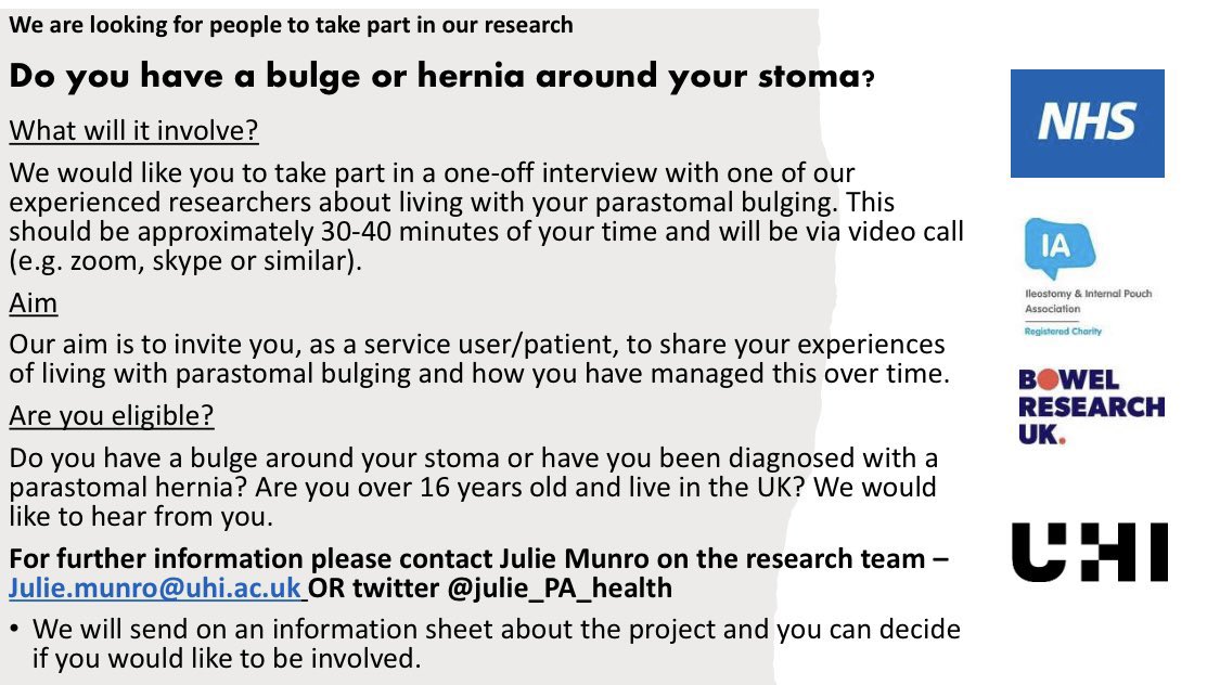 We are recruiting. Do you have a bulge/hernia around your stoma? A one-off interview to find out about your self-management. Get in touch to take part.