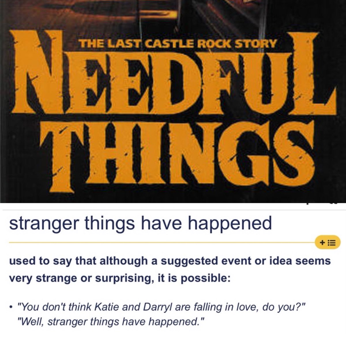 Cooleach's tweet image. Задумывались, почему сериал Stranger Things так называется, почему не Strange Things? Да, авторы говорили, что название — отсылка к роману Кинга Needful Things (Нужные вещи), но кроме этого в английском есть расхожая фраза stranger things have happened ≈ «и не такое бывало».