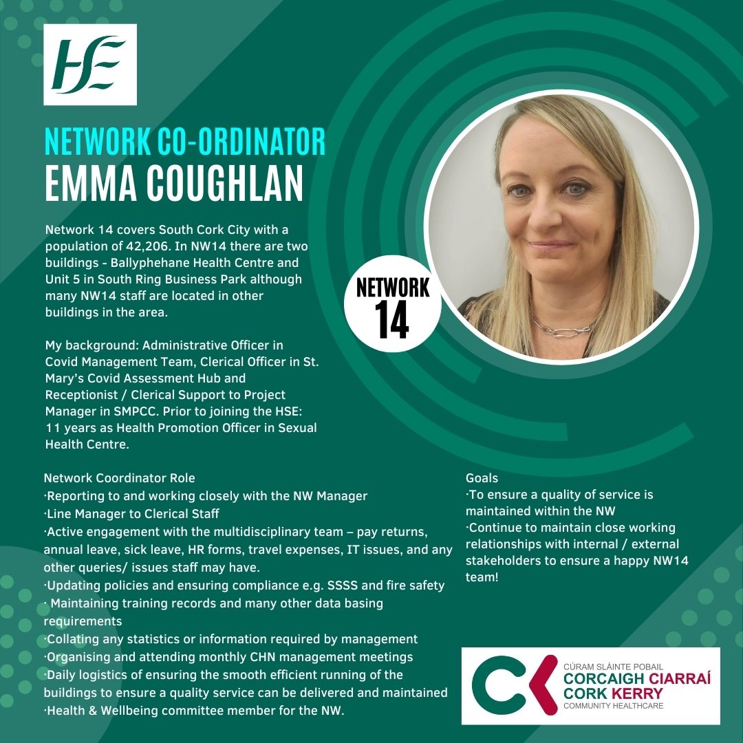 Meet Network Co-ordinator Emma Coughlan - Network 14 

#ECC

<a href="/CorkKerryCH/">Cork Kerry Community Healthcare</a>

#CKCH

#PrimaryCare

#HSE

<a href="/HSElive/">HSE Ireland</a>

<a href="/HSEprimarycare/">HSE Primary Care</a>

👩

ℹ️