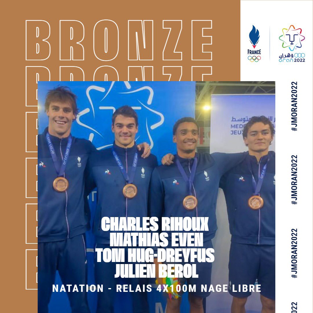 🥇🥈🥉 !
Hier, la natation s’est emparée de trois médailles. Joris Bouchaut remporte 2 médailles en l’intervalle d’1h ⏱, avec l’or sur le 1500m et l’argent sur le 400m nage libre ! Le relais 4x100m en bronze 🏊‍♂️
#AllezLesBleus #JMOran2022